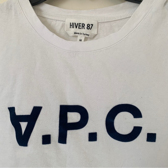 A.P.C. Men’s White T shirt with Navy Velvet Lettering Sz M - Picture 2 of 4